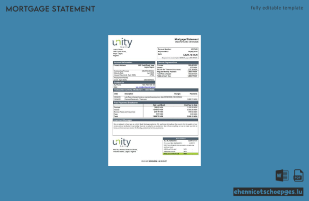 Beispiel eines Hypothekenauszugs der Nigeria Unity Bank (Word- und PDF-Datei)
